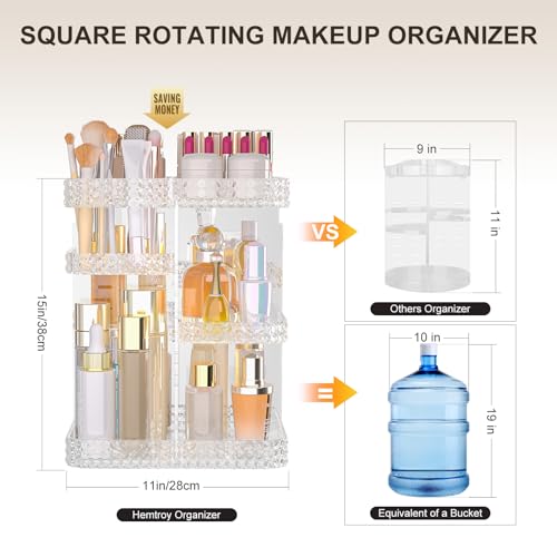 HEMTROY Clear Rotating Makeup Organizer with Brush Holder - Large Capacity Vanity Storage
