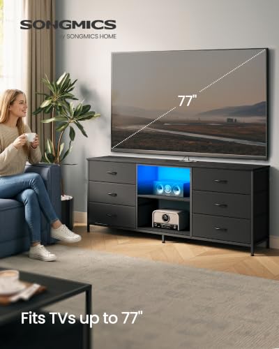SONGMICS TV Stand for Up to 70 Inch TVs with 6 Fabric Drawers & Shelves - Ink Black, 13.8D x 68.4W x 26.8H