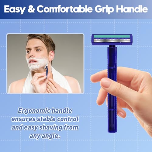 Twin Blade Disposable Razors for Men & Women ? Bulk 135 Pack Stainless Steel Shavers with Lubricating Strip, Safety Cap & Non-Slip Handle for Sensitive Skin, Travel, Hotel, Charity ? Blue