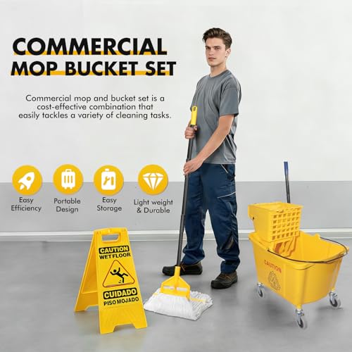 KULED Commercial Mop Bucket Set with 2 Mop Heads, Caution Sign & Wheels, 38 Quart
