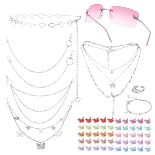 Fourluoo 60 Pcs Y2K Accessories Set for Women - Gradient Pink & Silver Variations