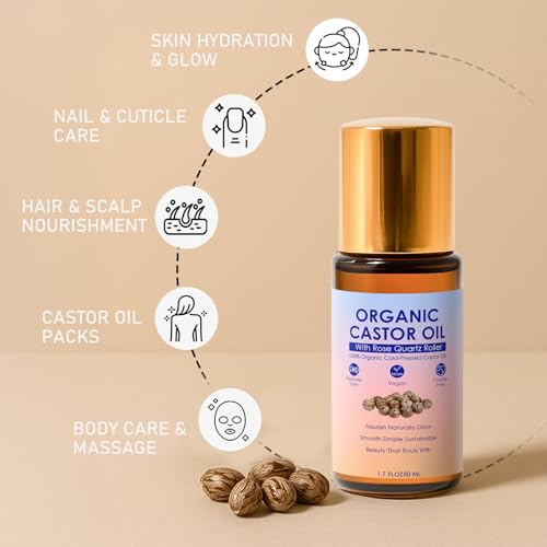 Organic Castor Oil Roll-On with Rose Quartz Roller Ball - Pure & Unscented, 1.7 Fl Oz