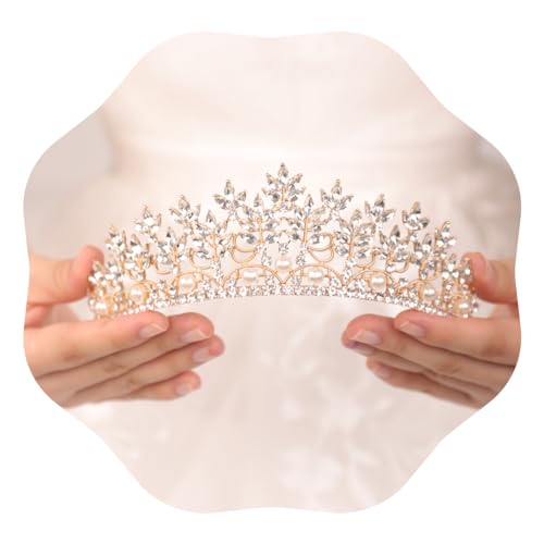 JWICOS Gold Crystal Pearl Tiara Crown for Women Princess Rhinestone Crown Headband for Brides Bridal Wedding Hair Accessories for Brides and Bridesmaid (Gold)