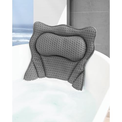 Bath Pillow, Bath Pillows for Tub Neck and Back Support, Soft 4D Air Mesh Bathtub Pillow 16.5 x 17.3 INCH, with 6 Powerful Suction Cups, Bath Accessories Relaxing Gifts for Women (Grey)