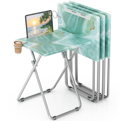 Sea Blue Marble Folding TV Tray Table Set of 4 - Portable Snack & Dinner Tables