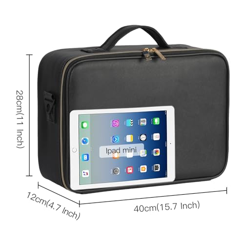 Makeup Travel Case, 16 Inch Makeup Artist Bag with Compartment and Dividers, Portable Cosmetic Bag for Women with Brush Storage Sturdy Dual Zip Closure, Waterproof, Durable, Gift for Her, Black