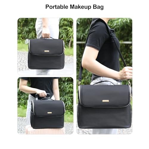Large Makeup Carrying Train Case, Makeup Bag with 2 Small Bags, Professional Makeup Artist Bag Tattoo Case Travel Makeup Organizer Box with Adjustable Dividers and Shoulder Strap (Black)