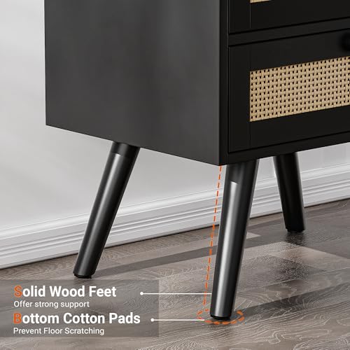Nightstand with Built-In Charger Station, Boho Rattan Set of 2 - Black, 15.8"W x 11.8"D x 25.2"H