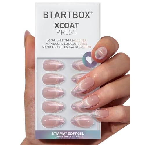 BTArtbox Press On Nails Almond - Diamond Dust, Lamp-Curable Cat Eye Chrome French Tip Short Press On Nails with Glue and Adhesive Tabs for Women in 16 Sizes - 32 Soft Gel Glue On Nails Kit