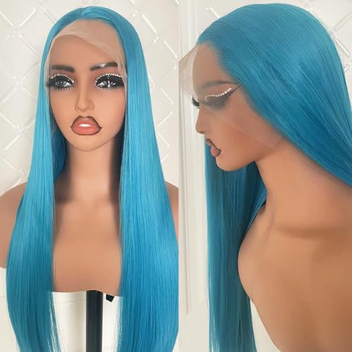 Blue Synthetic Lace Front Wig for Women - Glueless, Pre-Plucked, Natural Hairline