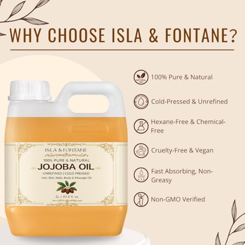 ISLA & FONTANE Jojoba Oil Set ? 2L/67.6 Fl Oz | 100% Pure & Natural | Golden, Unrefined, Cold Pressed | 2 Dropper Bottles & Beauty Massager | Hexane-Free Carrier Oil for Skin, Hair, Face, Nails & Body