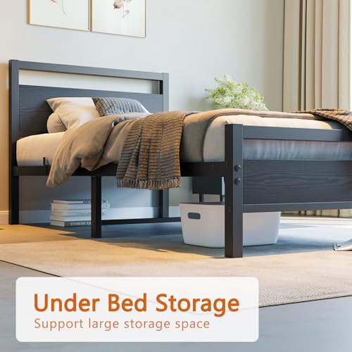 Black Twin Bed Frame with Wooden Headboard, Metal Platform, No Box Spring Needed