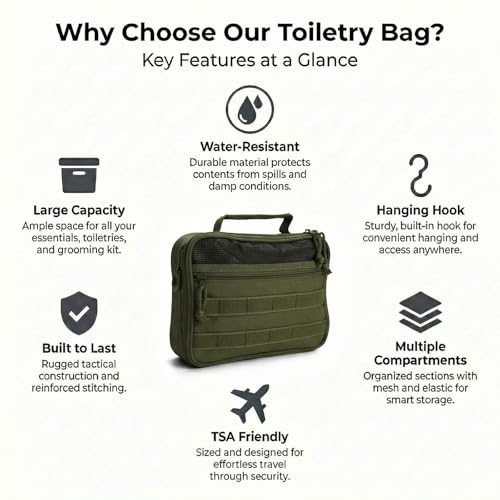 Men's Travel Toiletry Bag Hanging Dopp Kit - Green, Lightweight & Organizer