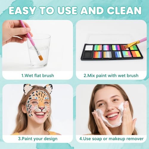 Face Painting Kit for Adults, Split Cake Face Paint Palette, Water Activated Face Paint with 4 Brushes, Safe & Quick-Dry, Perfect for Halloween Party Birthday Cosplay