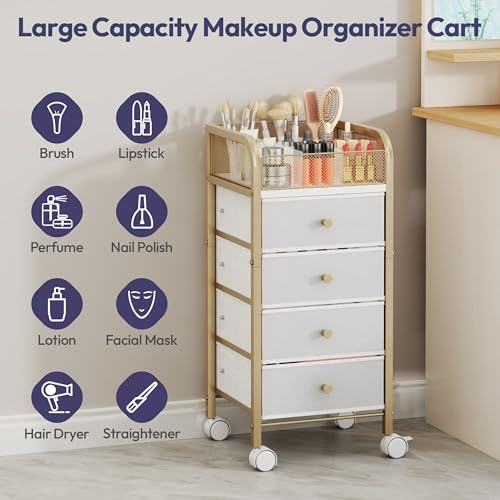 Gold 5-Tier Rolling Makeup Organizer Cart with 4 Drawers and 9 Compartments