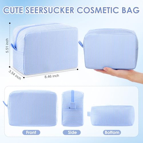 Sanwuta 6 Seersucker Cosmetic Bag Bulk Pinstripe Makeup Bag for Women Aesthetic Cute Travel Toiletry Organizer Preppy Storage Pouch for Wedding Bridesmaid Christmas Gift (Large,Light Blue)