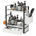 2-Tired Bathroom Counter Organizers and Storage, Bathroom Countertop Organizer with Drawer, Solid Wood Skincare Perfume Organizer for Vanity Kitchen Corner Shelf Office Countertop (White)