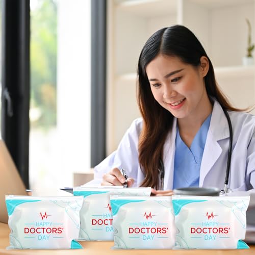 SilTriangle 150 Pcs Happy National Doctors Day EVA Gift Bags Bulk Red Blue White Thank You Cosmetic Bag Doctor Appreciation Week Party Favors for Doctor Nurse Medical Healthcare Workers