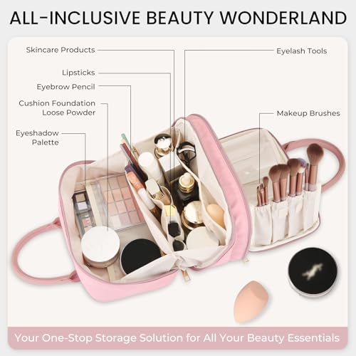 Travel Makeup Bag for Women - Pink, Large Capacity, Stand-Up Cosmetic Organizer with Brush Holder