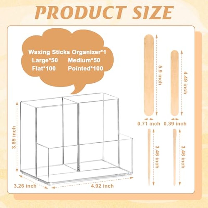 300 PCS 4 Style Waxing Sticks Wooden with Acrylic Organizer Assorted Wax Applicator Sticks Small Medium Large Popsicle Sticks Bulk Craft Sticks Jumbo for Body Legs Face WoodCraft Tongue Depressor