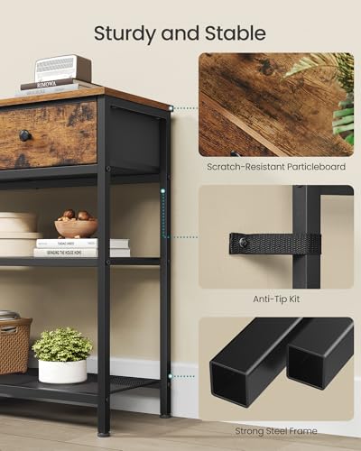 SONGMICS Rustic Brown Console Table with 3 Fabric Drawers, Narrow Entryway Furniture - 11.8"D x 44.8"W x 31"H