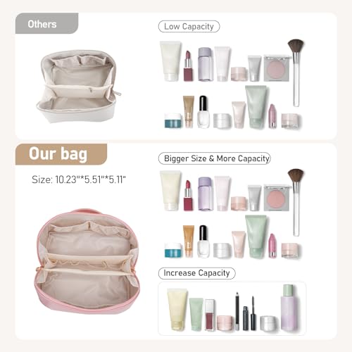 Large Capacity Cosmetic Bag for Women, Waterproof PU Leather Makeup Bag for Travel,Toiletry Bag Make up Organizer with Divider and Handle (Pink)