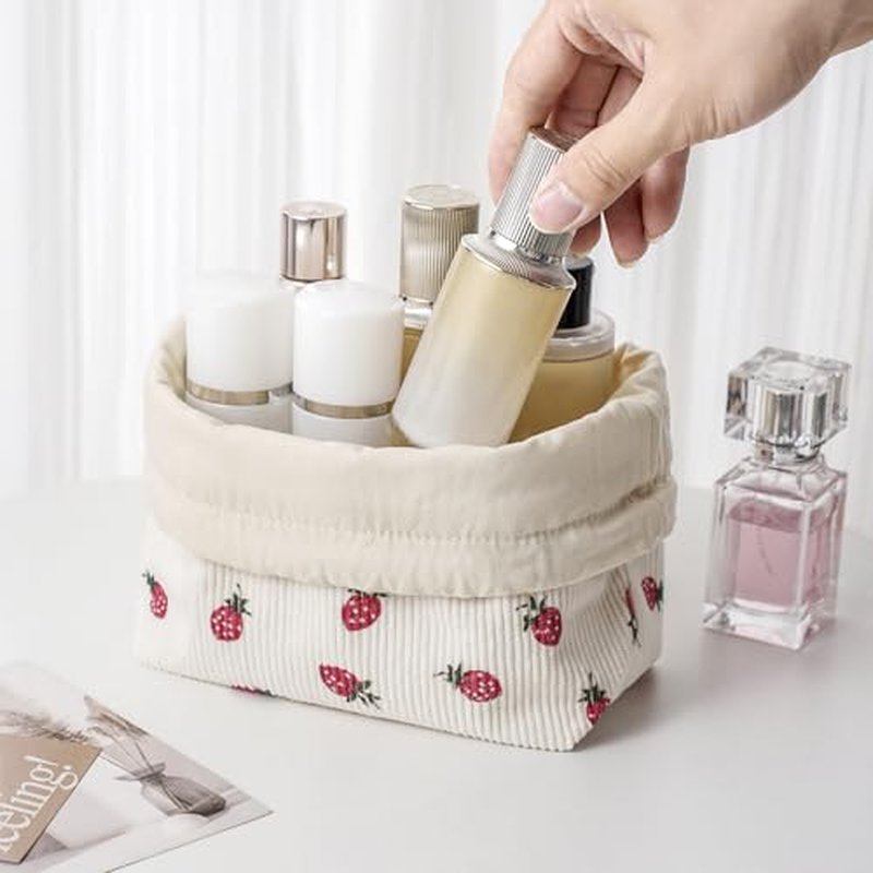 Cute Soft Corduroy Drawstring Makeup Bag with Canvas Lining, Coquette Aesthetic Drawstring Cosmetic with Strawberry Pattern for Women Girls, Kawaii Travel Makeup Organizer Case(06 Strawberry)