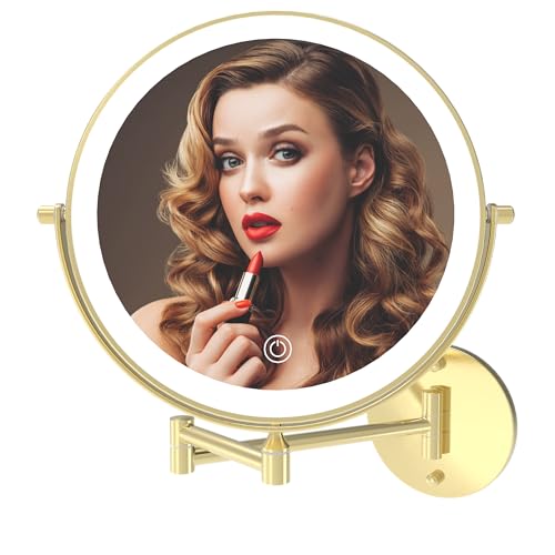 MIROAMZ 9-Inch Brushed Gold Wall Mounted Lighted Makeup Mirror, 1X/10X Magnification