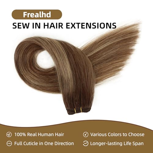 Frealhd 18 Inch Balayage Chocolate Brown to Caramel Blonde Remy Sew-In Hair Extensions - 110g Double Weft