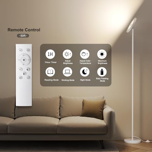 Sunmory White Floor Lamp with Remote Control - Adjustable LED Standing Lamp for Living Room