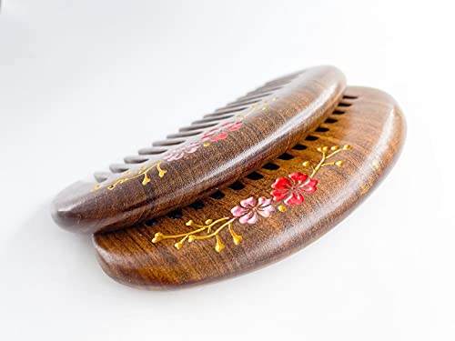 Pocket Size Sandalwood Comb with Flower Design - No Static Wide Tooth Hair Comb - 2pcs with Free Pouch - Variation MN Flower