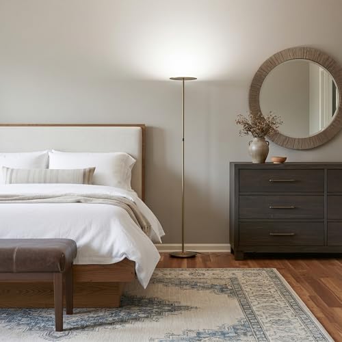 Antique Brass Dimmable LED Floor Lamp with 3 Light Modes - Tall Standing Torch Light for Living Room & Bedroom