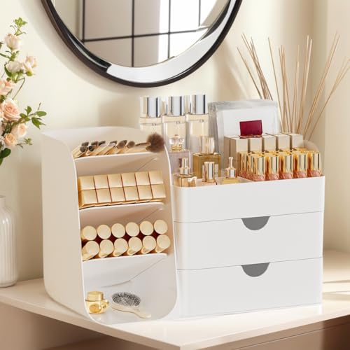 Makeup Organizer with 2 Drawers & Brush Holders - All White, M