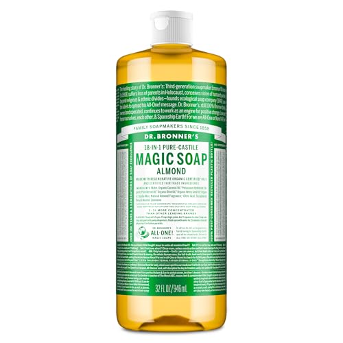Dr. Bronner's Pure-Castile Magic Soap Liquid (Almond, 32 Ounce) - Made with Regenerative Organic Certified Oils, 18-in-1 Uses: Face, Body, Hair, Laundry, Pets and Dishes, Concentrated, Vegan, Non-GMO