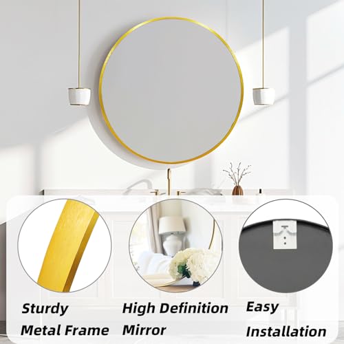 30 Inch Gold Round Mirror with Brushed Metal Frame - Wall Decor, HD Glass, Easy Install