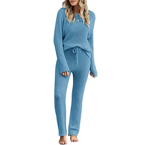 luvamia Women's Casual Pajama Set Fuzzy Fleece Knitted Long Sleeve Pj Loungewear