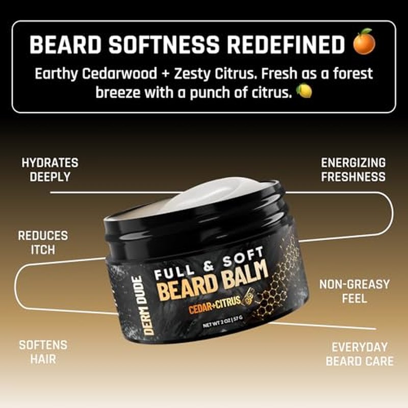 Derm Dude Full and Soft Beard Balm for Men ? Conditioning Balm with Natural Oils for Growth, Softness & Styling ? Tames Frizz, Hydrates Skin ? Non-Greasy - Cedar & Citrus, 2oz
