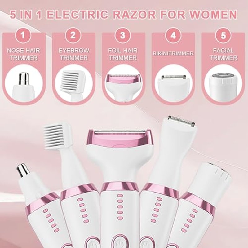 5-in-1 Electric Razor for Women - Bikini Trimmer with LED Display, Painless Hair Removal for Face, Nose, Eyebrows, Arms & Legs - Wet/Dry Rechargeable Shaver for Armpits & Pubic Area