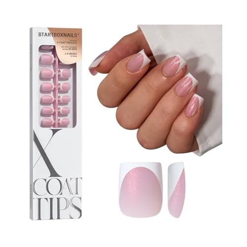 BTArtboxnails Shimmering French Tip Nails - 96Pcs Sparkling Pink Base Extra Short Press On Nails, Requires Nail Lamp & Top Coat, 16 Sizes Full Set for Wedding