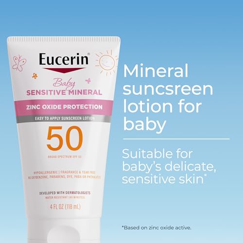 Eucerin Sun Sensitive Mineral Baby Sunscreen Lotion SPF 50 with Zinc Oxide Protection,Hypoallergenic Mineral Sunscreen for Babies,Tear Free and Fragrance Free,4 Fl Oz Tube,(Pack of 2)