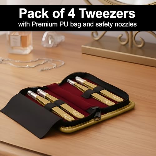 Matte Gold Eyebrow Tweezers Set - 4 Pcs with Fiber Tips for Women