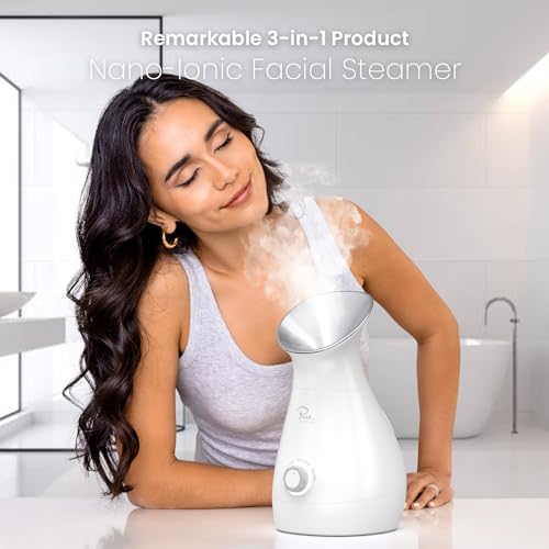 Nano Ionic Facial Steamer & Humidifier with Precise Temp Control - Silver - 3-in-1 Spa-Quality Skin Care with Bonus 5-Piece Stainless Steel Blackhead Extractor Kit