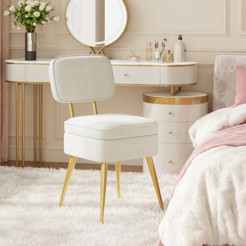 Beige Velvet Vanity Chair with Storage & Gold Legs - No Wheels, Modern Bedroom Makeup Stool