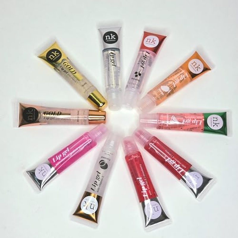 Bundle of 10 Lip Glosses - Gold, Rose Gold, Clear, Rosehip, Coconut, Watermelon, Mango, Strawberry, Bubble Gum, and Cherry Hydrating Lip Glosses with Vitamin E with a Glossy Finish