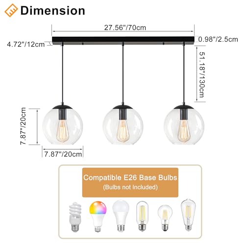Black Globe Pendant Light Fixture 3-Light Modern Chandelier 27.6 Inch