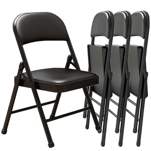 Black PU Leather Folding Chairs with Cushion 4 Pack Heavy Duty Steel - Variation: Black PU Leather
