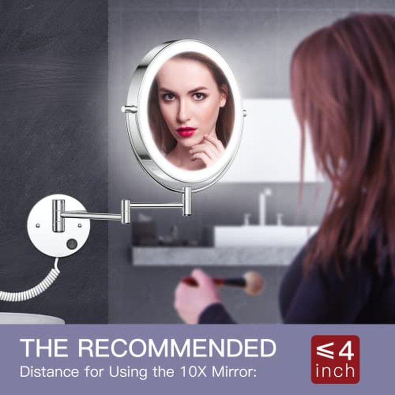 Benbilry 9" Large Size Wall Mounted Lighted Makeup Vanity Mirror, 1X/10X Magnifying 2-Sided AC Plug-in Powered Bathroom Mirror, 360¡Æ Swivel 13 Inch Extendable Arm, Chrome
