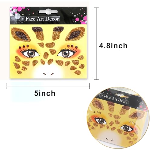 Giraffe Face Tattoo Stickers Yellow Glitter Giraffe Face Gems for Boy Girls Cute Animal Temporary Tattoo Decal Party Birthday Cosplay Face Temporary Tattoo for Makeup 2 sheets