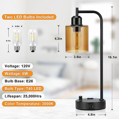 Industrial Bedside Lamps Set of 2 - Amber Glass Shade, Fully Dimmable with USB C & A Ports, Black Table Lamps for Bedroom & Living Room - Variation: Amber