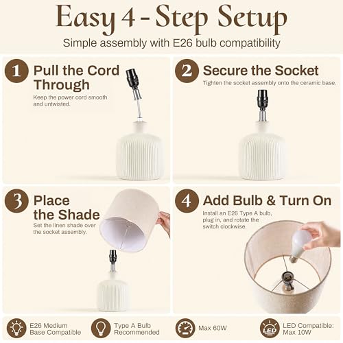 KAWOTI Off-White Ceramic Table Lamp - 17.75" Rustic Farmhouse Decor
